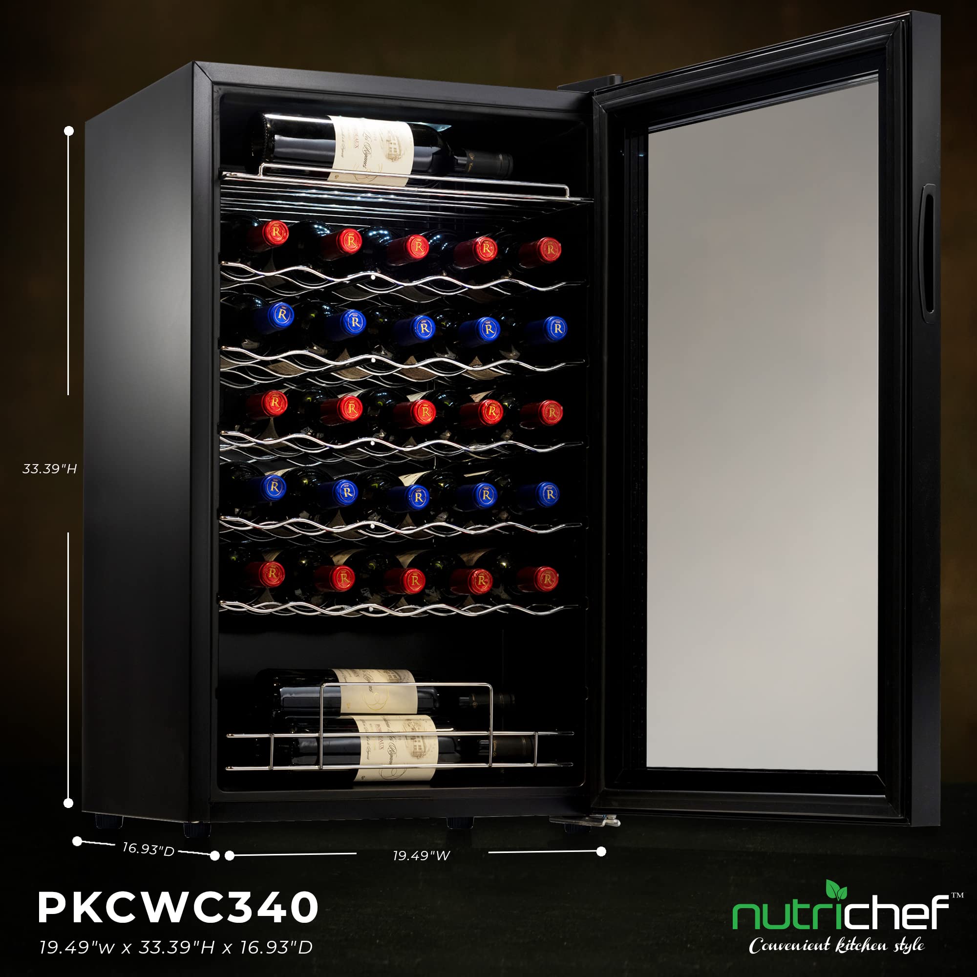 NutriChef 34 Bottle Compressor Wine Cooler Refrigerator Cooling System | Large Freestanding Wine Cellar Fridge For Red And White Champagne or Sparkling, Black Glass Door