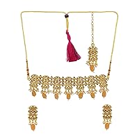 Crunchy Fashion Bollywood Traditional Indian Wedding Floral Gold Kundan Chokar Necklace Set with Earring for Women/Girls