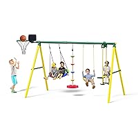 Osoeri Swing Sets for Backyard, 5-in-1 Kids Swing Set, Outdoor Swing Set with Saucer Swing, Glider, Rope Swing, and Basketball Hoop