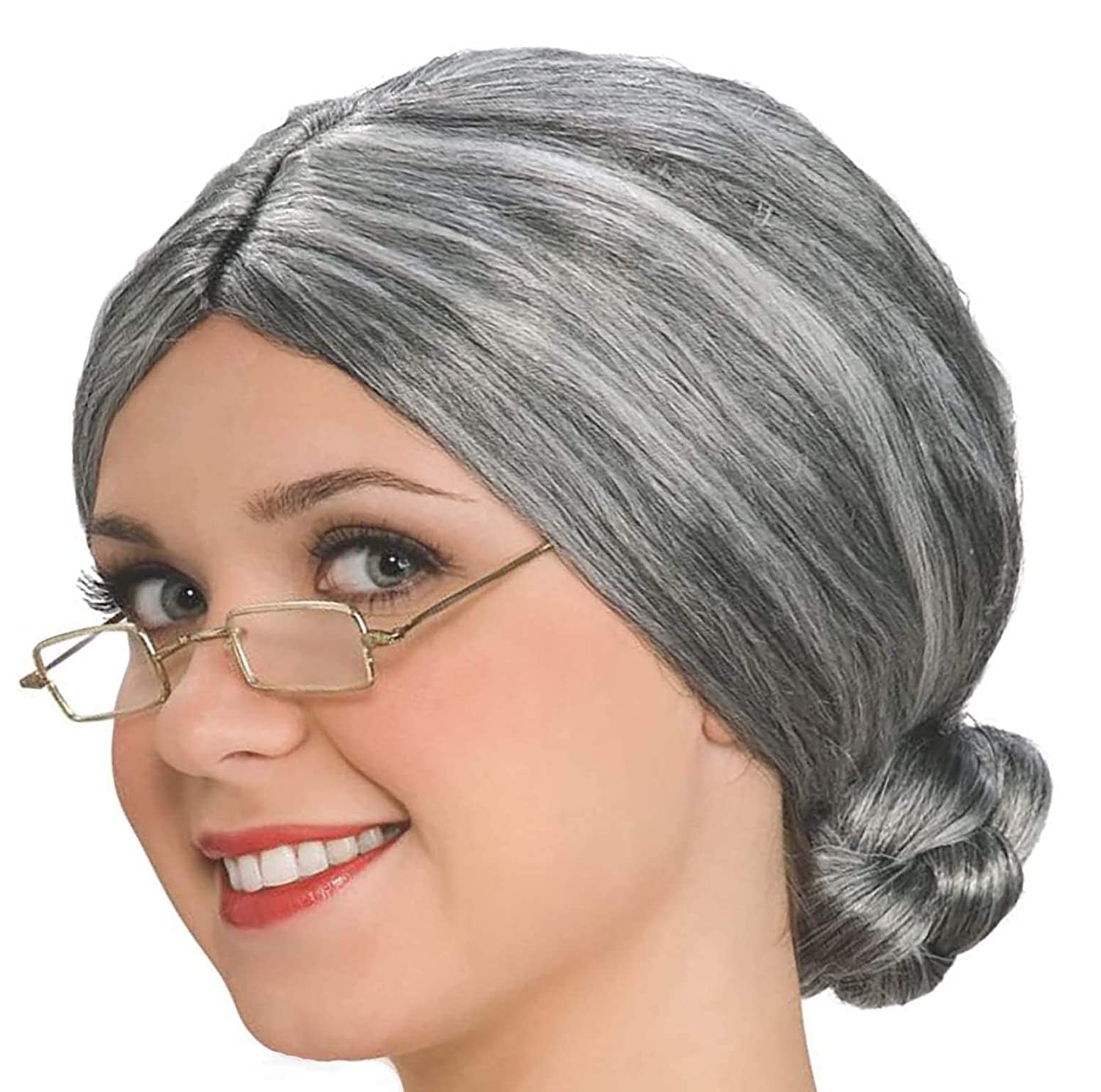 4E's Novelty Old Lady Costume for Kids - 5 Pcs Set for 100th Day of School Grandma Costume for Kids Girls, Gray Wig, Glasses with Chain, Wig Cap, Necklace