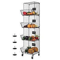 ETELI 4 Tier Metal Wire Basket for Wall Fruit and Vegetable Baskets Storage Produce Rack with Wheel and Chalkboards Wall Mounted Stackable Organizer Stand for Kitchen Bathroom, Black