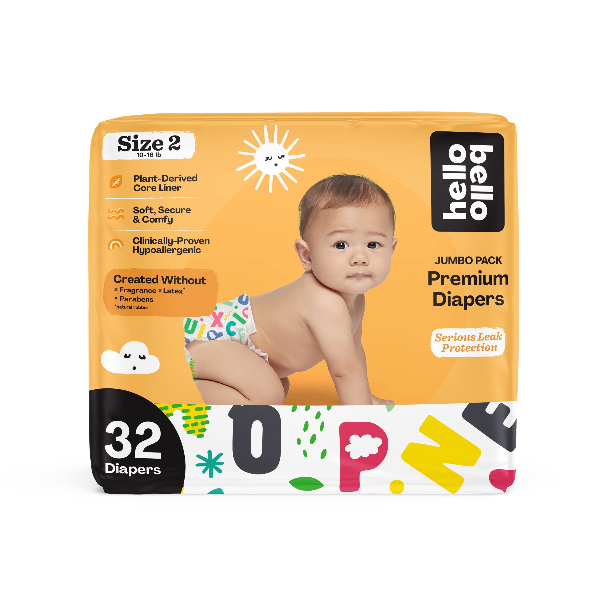 Hello Bello Premium Baby Diapers Size 2 I 32 Count of Disposeable, Extra-Absorbent, Hypoallergenic, and Eco-Friendly Baby Diapers with Snug and Comfort Fit I Alphabet Soup