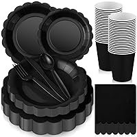 336 Pcs Paper Plates Napkins Party Supply Disposable Dinnerware Set Scalloped Plates Cups Napkins with Plastic Forks Knives Spoons for 48 Guests Birthday Wedding Party(Black, Classic)