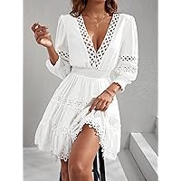 Summer Dresses for Women 2022 Guipure Lace Insert Shirred Waist Dress Dresses for Women (Color : White, Size : Small)