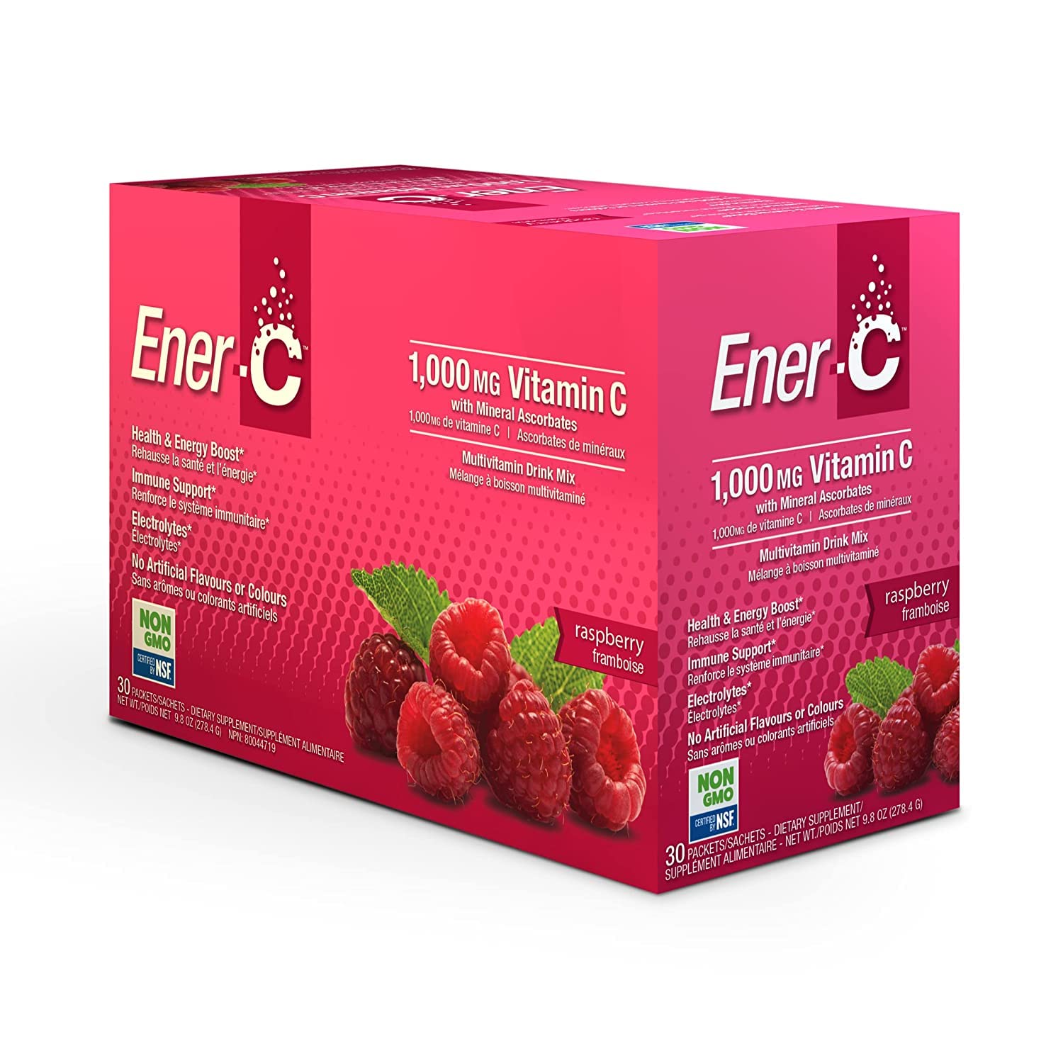 Ener-C Raspberry Multivitamin Drink Mix, 1000mg Vitamin C, Non-GMO, Vegan, Real Fruit Juice Powders, Natural Immunity Support, Electrolytes, Gluten Free, 30 Count (Pack of 1)