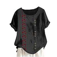 Summer Tops for Women Crew Neck Short Sleeve Single-Breasted Button Shirts Solid/Floral Print Eyelet Embroidery Blouse