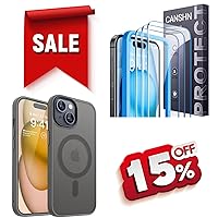 CANSHN Magnetic Designed for iPhone 15 Case Grey for iPhone 15 Screen Protector Tempered Glass with Easy Installation Frame - 6.1 Inch
