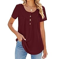 Womens Summer Short Sleeve Tops Casual Loose Crew Neck T Shirts Eyelet Button Down Blouses Tunic for Women 2024 Trendy