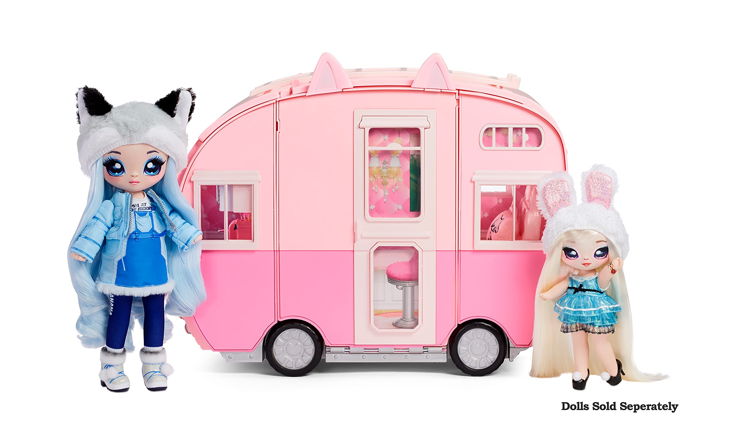Na Na Na Surprise Kitty-Cat Camper Playset, Pink Toy Car Vehicle for Fashion Dolls with Cat Ears & Tail, Opens to 3 Feet Wide for 360 Play, 7 Areas, Accessories, Gift for Kids Ages 5 6 7 8+ Years