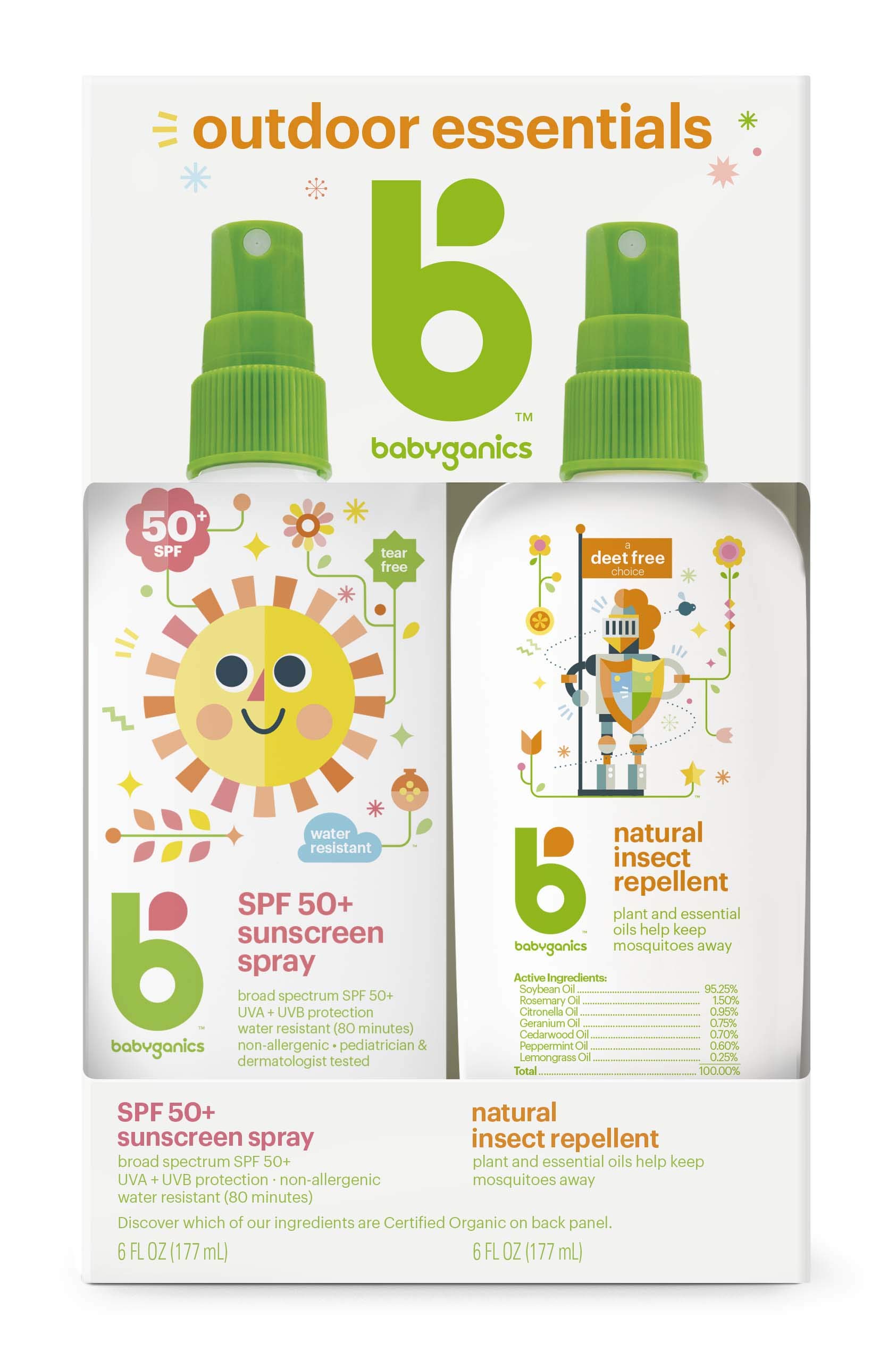 Babyganics 50 SPF Baby Sunscreen Spray and Bug Spray | Octinoxate & Oxybenzone Free | DEET Free, 6oz each, Combo 2 Pack