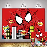 Super City Theme Red Spider Web Photography Backdrop for Boys Kids Birthday Party Baby Shower Cartoon Super Hero Cityscape Photo Banner Cake Table Decoration Supplies (5x3ft)