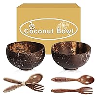 Coconut Bowls With Wooden Spoons, Wooden Forks, Each 2, Smoothie Bowls, Salad Bowls, Hand Made Crafts, candle bowls，God for Salad Smoothie Breakfast. (100%Natural) Wooden Bowls.