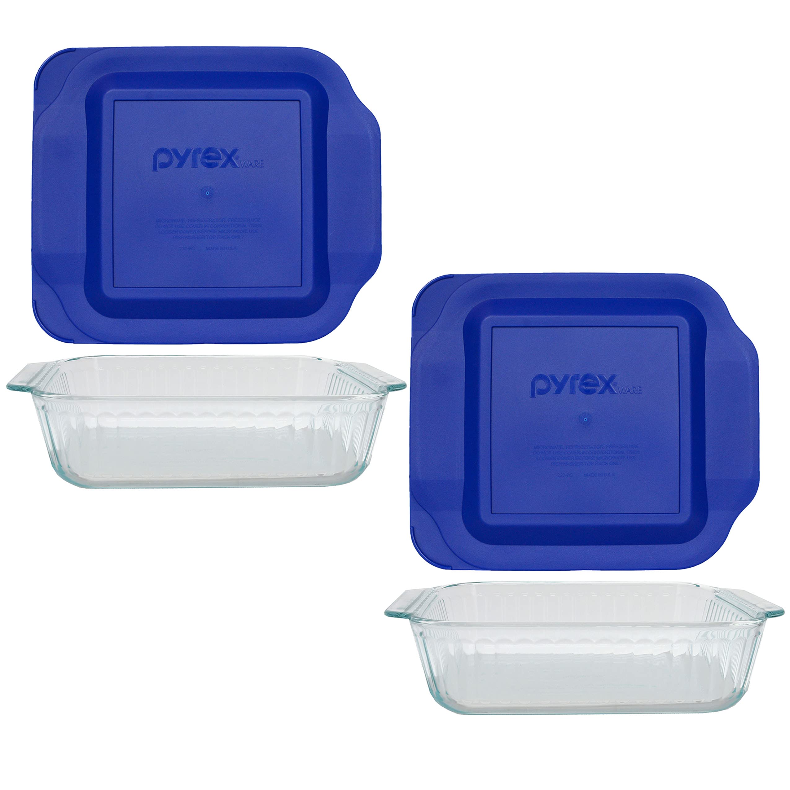 Pyrex (2) 222-SC Sculpted Clear Glass Baking Dishes & (2) 222-PC 2qt Blue Lids