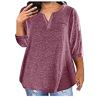 Plus Size Tops for Women Sexy V Neck Solid Blouses Casual Loose Summer 3/4 Sleeve T Shirts Trendy Flowy Tunic Tops