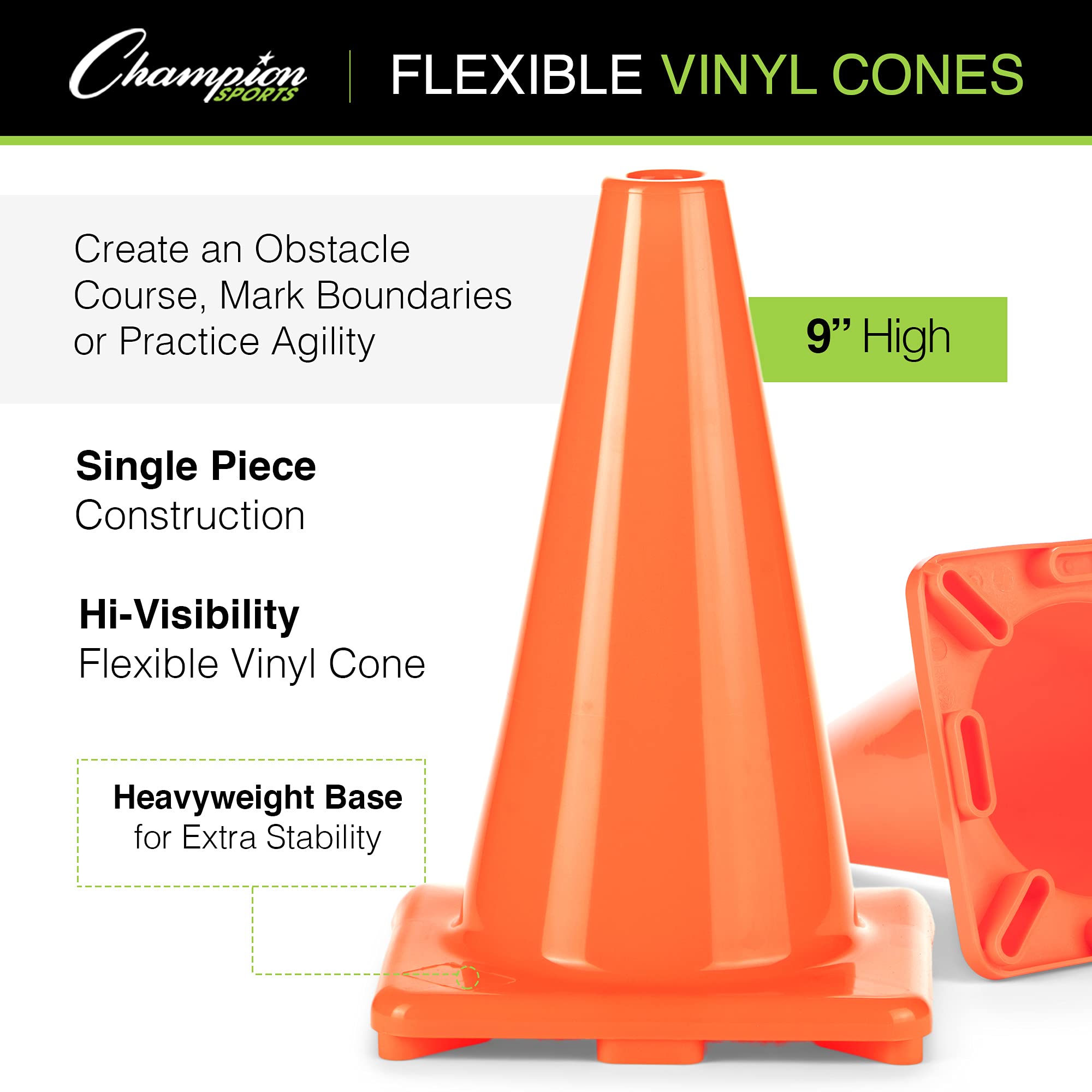 Champion Sports High Visibility Flexible Vinyl Cones - Single and Assorted Cone Sets in Multiple Heights and Colors