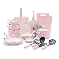 GreenLife Soft Grip Healthy Ceramic Nonstick 23 Piece Kitchen Cookware Pots and Frying Sauce Saute Pans Set with Kitchen Utensils, PFAS-Free, Dishwasher Safe, Pink
