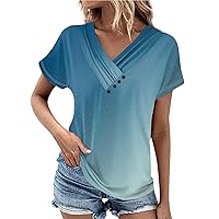 Womens Shirts Dressy Casual Tops Fashion Retro Printed Pleated Button T-Shirt V-Neck Short Sleeve Tops Regular Fit