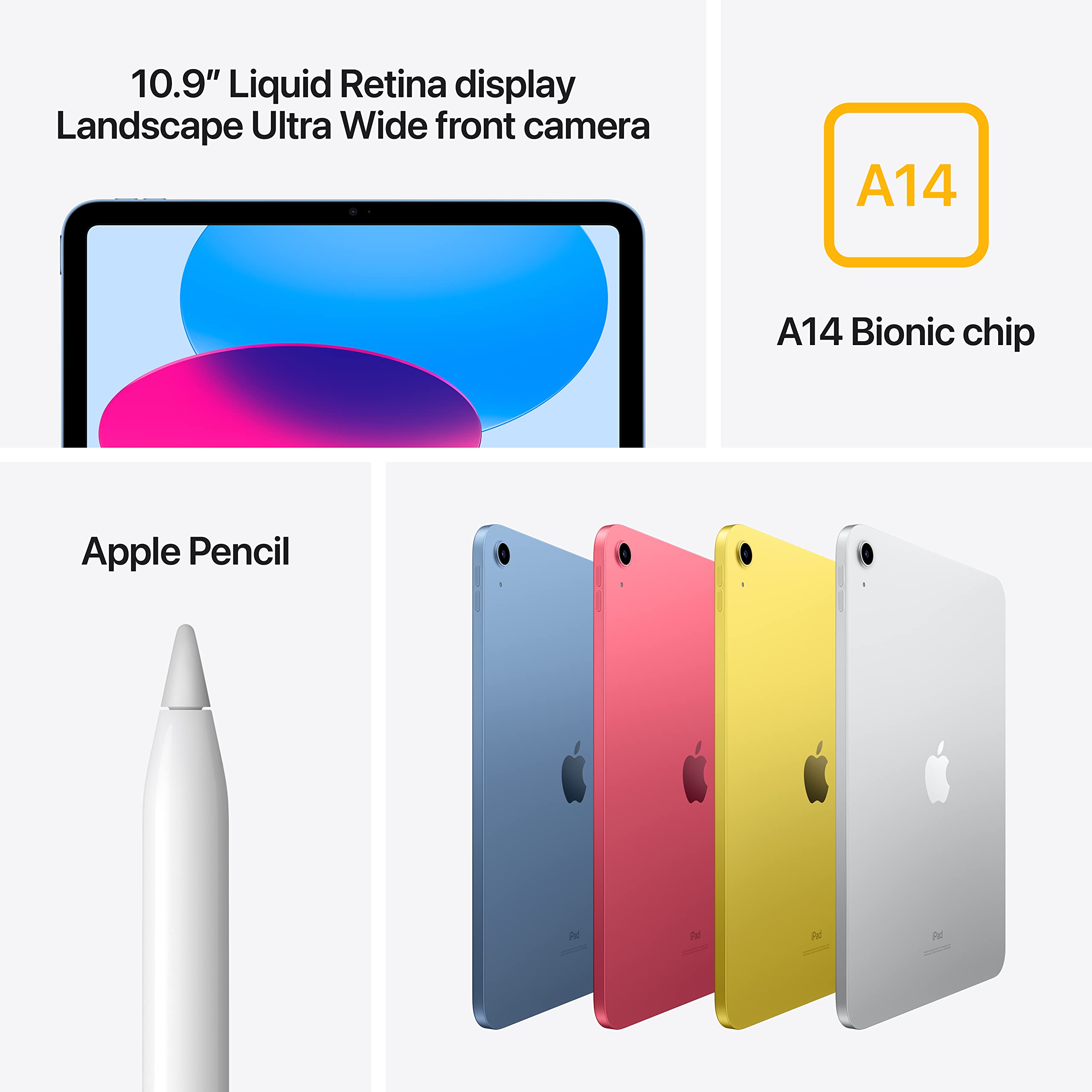 Apple iPad (10th Generation): with A14 Bionic chip, 10.9-inch Liquid Retina Display, 256GB, Wi-Fi 6, 12MP front/12MP Back Camera, Touch ID, All-Day Battery Life – Silver