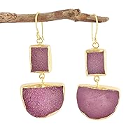 Guntaas Gems Pink Sugar Druzy Brass Gold Plated Double Shape Dangle Earrings Fashionable Party Wear Jewelry