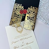 Gold and Black Wedding Invitations with Red Rose Flower, Gold Foil Printing Invite Cards (50pcs Customized Invitations)