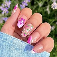 French Tip Press on Nails Short Almond Fake Nails with Flower Strawberry Design, Spring Summer Press on Nails Natural Fit Nail Art Kit 24Pcs, Pink Flower French