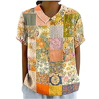 Sweet Peter Pan Collar Blouse Womens Floral Plaid Short Sleeve Keyhole Back Shirts Summer Preppy Casual Tee Tops