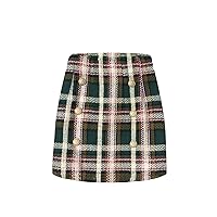Women's Plaid Mini Skirt Pencil Above Knee Length High Elastic Waist Bodycon Zipper Vintage Short Skirts for Women