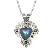 NOVICA Handmade .925 Sterling Silver Blue Mabe Cultured Freshwater Pearl Pendant Necklace Heart Shaped Indonesia Floral Birthstone 'Blue Heart in Bloom'