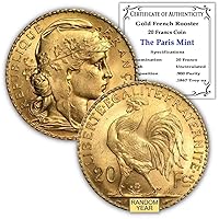 1899-1914 (Random Year) French Gold Rooster Coin Brilliant Uncirculated with Certificate of Authenticity 20 Francs BU