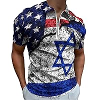 USA and Israel on A Cracked Zippered Polo Shirts for Men Short Sleeve Casual Tee Golf Shirt