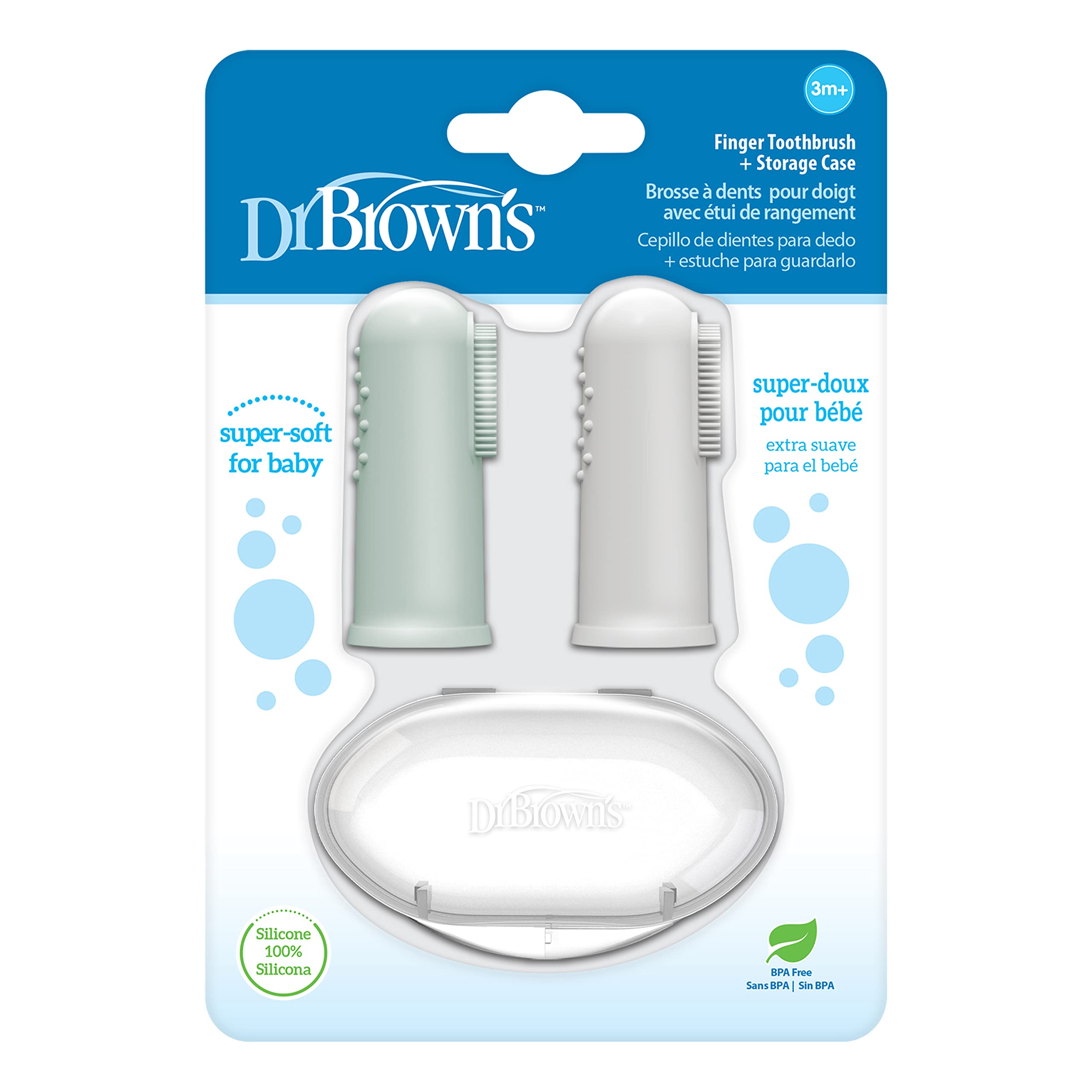 Dr. Brown's Silicone Finger Toothbrush for Baby with Travel-Storage Case, 3m+, Gray and Light Green, 2-Pack