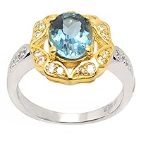 18k Gold and Sterling Silver Genuine Swiss Blue Topaz and Cubic Zirconia Ring Size7