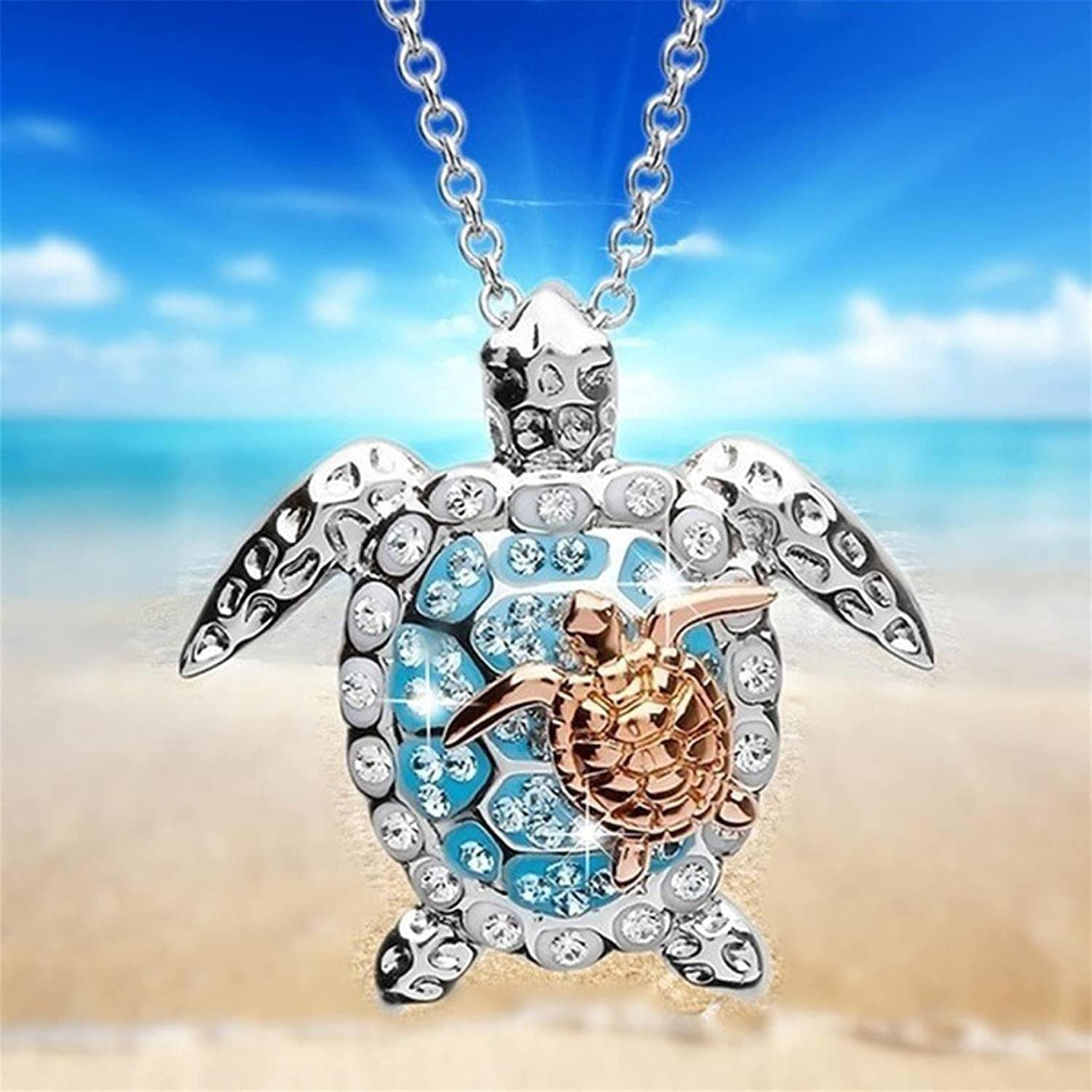 Silver Created Blue Opal Sea Turtle Pendant Necklace, Birthstone Turtle Necklace Jewelry For Women Blue Nice Processed