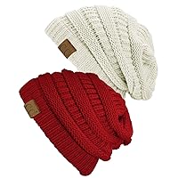 Trendy Warm Chunky Soft Stretch Cable Knit Beanie Skully, 2 Pack