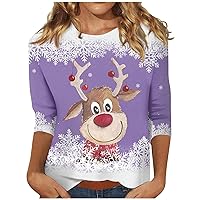 Plus Size Christmas Tops for Women,Women's Casual Fashion Three Quarter Christmas Printed Round Neck Top