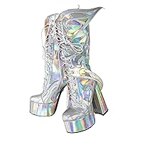 Frankie Hsu Cheerleader Girls Sexy Chunky Platform Knee High Heeled Wide Calf Long Boots, Mermaid Silver Patent PVC Angle Butterfly Wings Luxury, Big Large Size Lolita Goth Shoes For Women
