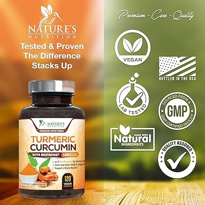 Turmeric Curcumin with BioPerine 95% Standardized Curcuminoids 1950mg - Black Pepper Extract for Max Absorption, Nature's Joint Support Supplement, Herbal Turmeric Pills, Vegan Non-GMO - 120 Capsules