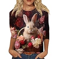 Workout Easter Tops for Women,Women's 3/4 Sleeve Length Easter Egg and Bunny Printed Tops Crew Neck Summer Boho Shirt