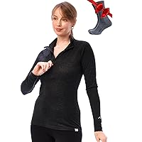 Merino.tech Merino Wool Base Layer Women - 100% Merino Half Zip Sweater Women Mid, Heavyweight Thermal Shirts + Wool Socks