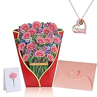 Pop Up Flower Bouquet Card,12'' Flower Bouquet 3D Popup Greeting Cards with Mom Necklace Note Card and Envelope,Mothers Day Birthday Gifts for Women & Mom (Carnation Floral)