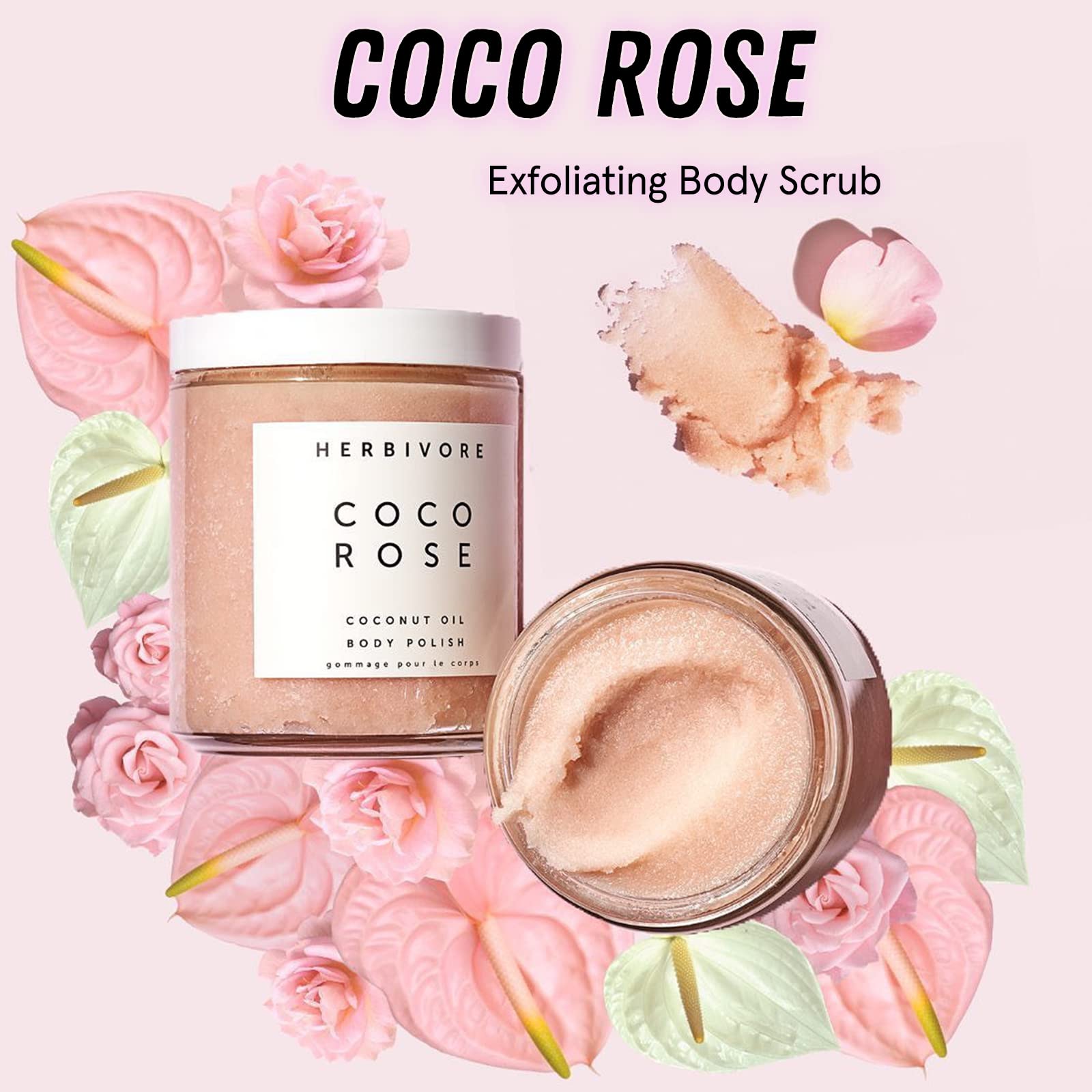 HERBIVORE Coco Rose Exfoliating Body Scrub – Cleansing Detox with Pink Clay, Moisturizing Coconut Oil & Shea Butter, Plant-based, Vegan, Cruelty-Free, 8 oz