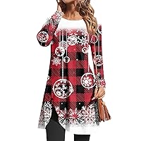 Women's Christmas Tops Round Neck Loose Casual Long Sleeve Printed Button Mid-Length T Shirt Top, S-3XL