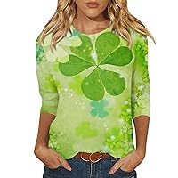 St Patrick’S Day Shirt Women 3/4 Sleeve Round Neck Lucky Irish Tops Fashion Clover Printed Plus Sized Blouse