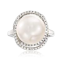 Ross-Simons Italian 12mm Cultured Pearl and .78 ct. t.w. CZ Ring in Sterling Silver. Size 7
