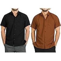 LA LEELA Men's Solid Button-Down Hawaiian Casual Shirts Standard Solid Short-Sleeve Casual Shirts XS Black_Brown