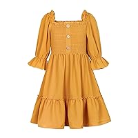 KANGKANG Girls Clothes Solid Color Square Neck Half Sleeve Smocked Dress Spring Summer Outfit Kids Clothes for Girls
