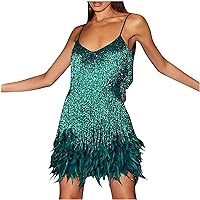 Women Sexy Mini Dresses Fashion Sequin Feather Tassel Clubwear Cocktail Dress Sleeveless Suspender Party Gown Dress