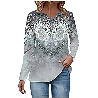 Winter Blouses for Women 2023 Trendy Gradient Loose Fit Shirts Eyelet Collar Casual V Neck Boho Long Sleeve Tops