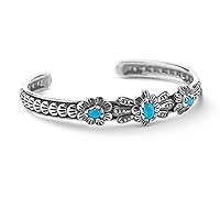 American West Sterling Silver Women's Cuff Bracelet Sleeping Beauty Turquoise Gemstone Flower Concha Design Size Small Medium Large