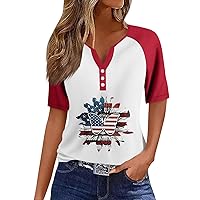 Women's Patriotic Clothing 4th of July Shirts Women 2024 USA Print Casual Raglan Fashion Loose with Short Sleeve Henry Collar Blouses Red Large